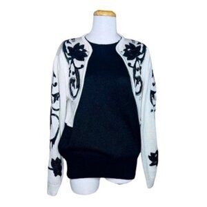 Vintage Shannan Womens Floral Embroidered Cardigan Sweater Size L Black & White